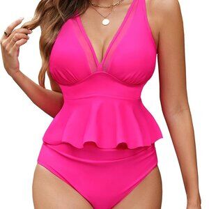 Women's Hot Pink High Waist Tankini Two Piece Swimsuit 2025